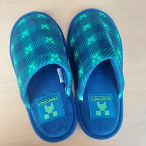 Minecraft Scuff Slippers for Boys, Plaid Creeper Print, Navy/Green 13/1